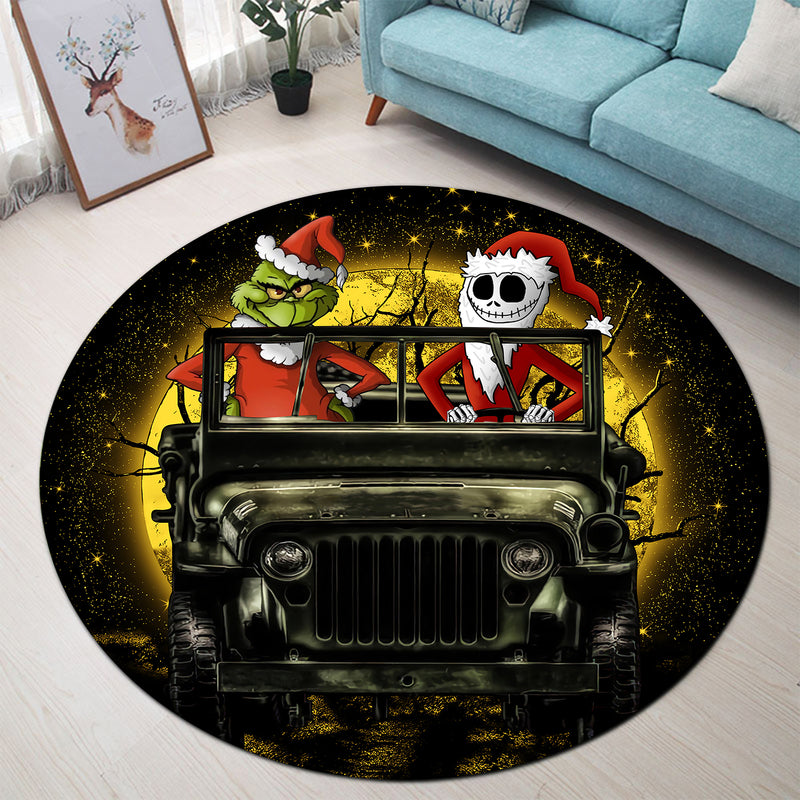 Jack Nightmare Before Christmas And Grinch Ride Jeep Moonlight Halloween Round Carpet Rug Bedroom Livingroom Home Decor Nearkii