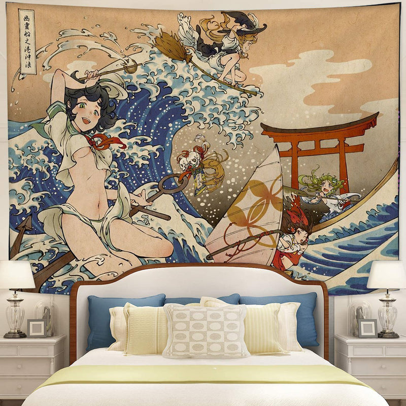 Japanese Girl Anime Great Wave Kanagawa Tapestry Room Decor Nearkii