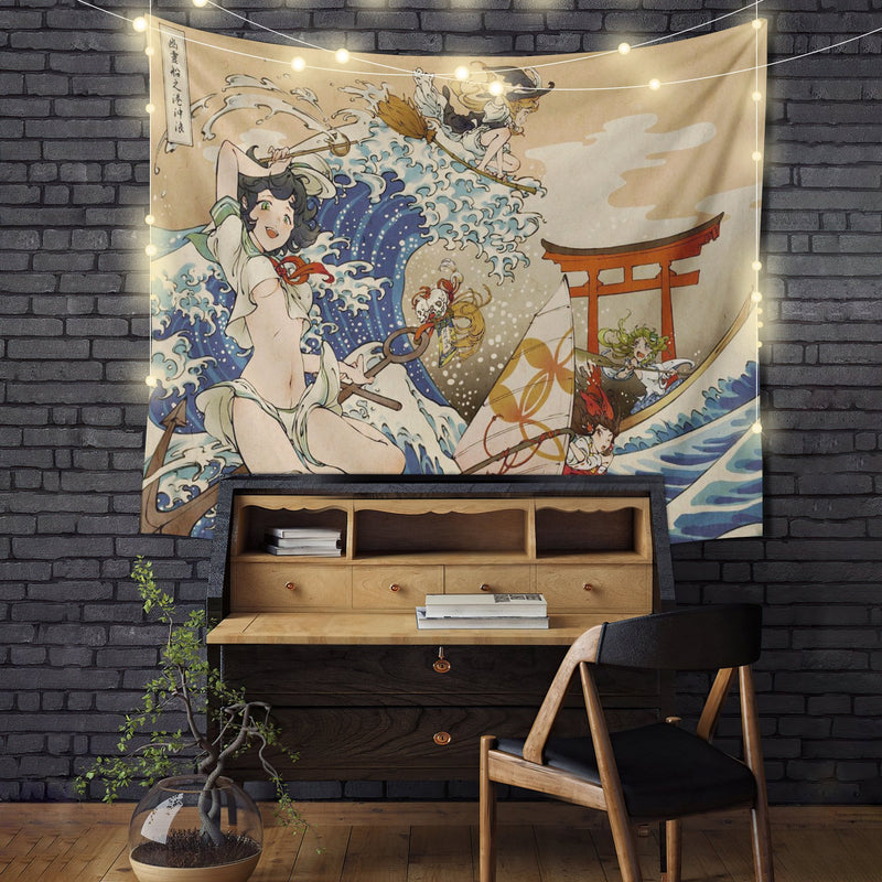 Japanese Girl Anime Great Wave Kanagawa Tapestry Room Decor Nearkii