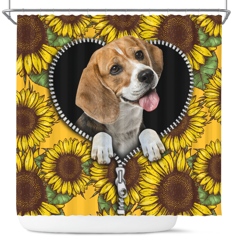 Cute Beagle Dog Sunflower Zipper Shower Curtain