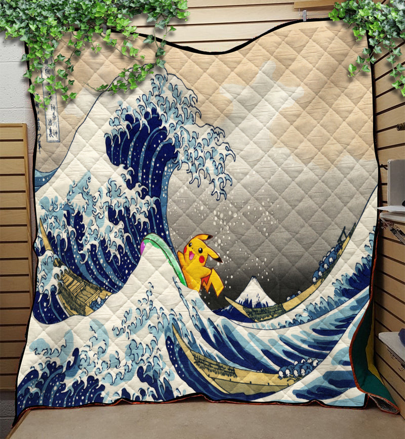 Pikachu The Great Wave Japan Pokemon Quilt Blanket