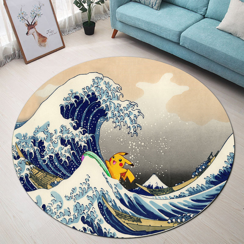 Pikachu The Great Wave Japan Pokemon Round Carpet Rug Bedroom Livingroom Home Decor