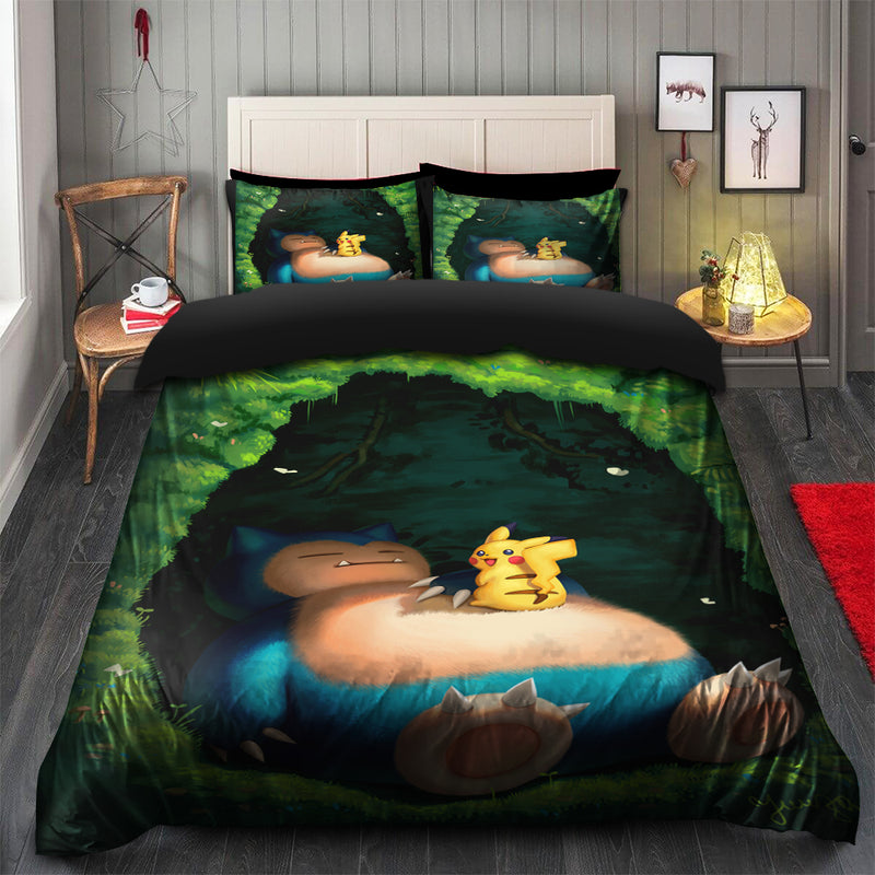 Pokemon Sleeping Snorlax & Pikachu Illustration Bedding Set Duvet Cover And 2 Pillowcases Nearkii