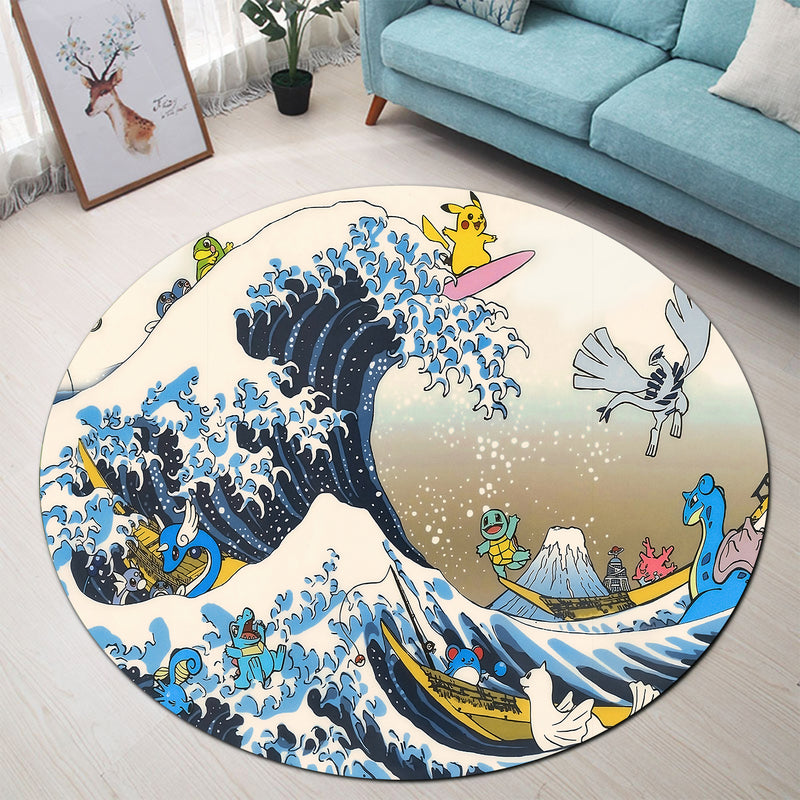 Pokemon The Great Wave Japan Round Carpet Rug Bedroom Livingroom Home Decor