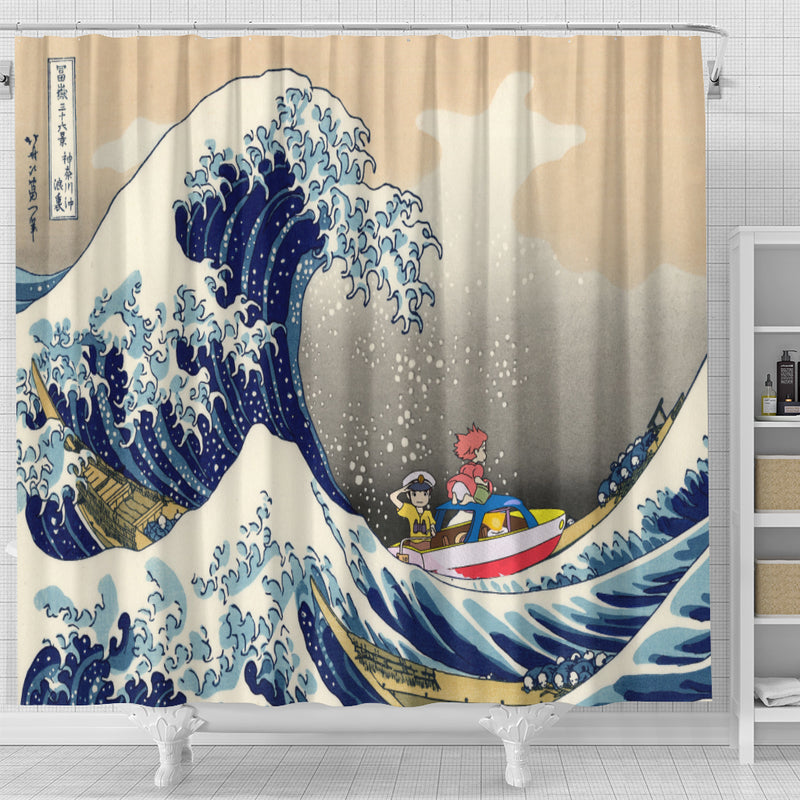 Ponyo On The Cliff By The Sea The Great Wave Ghibli Japan Shower Curtain