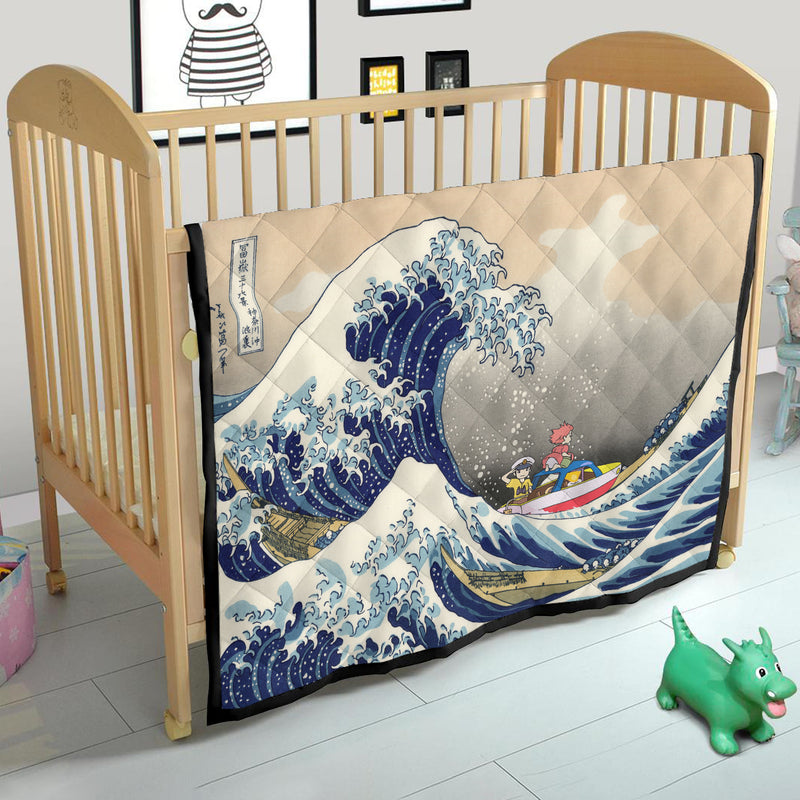 Ponyo On The Cliff By The Sea The Great Wave Ghibli Japan Quilt Blanket