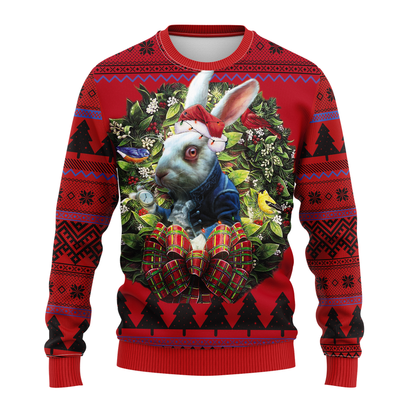 Holiday Rabbit Sweaters Rabbit Wearing Coat Alice In Wonderland Noel Mc Ugly Christmas Sweater