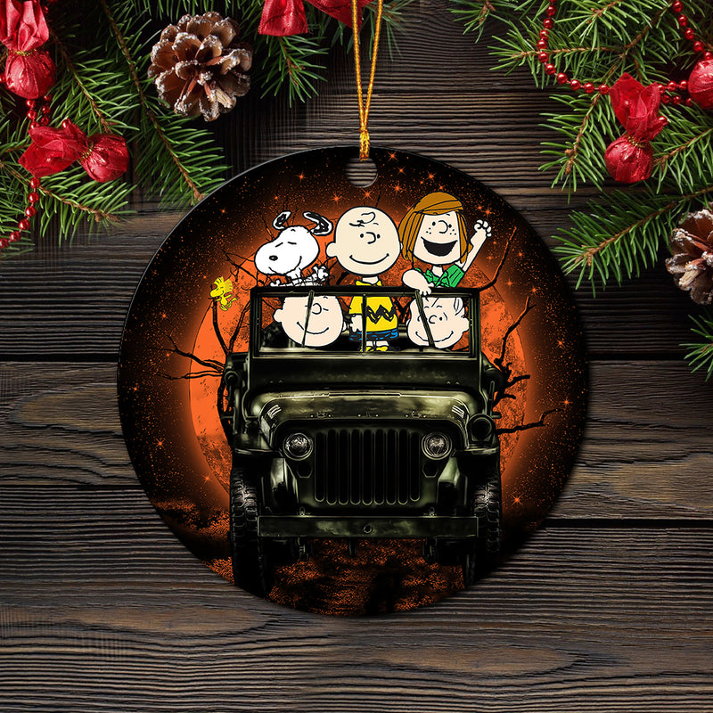 Snoopy And Friends Ride Jeep Halloween Funny Anime Mica Circle Ornament Perfect Gift For Holiday Nearkii