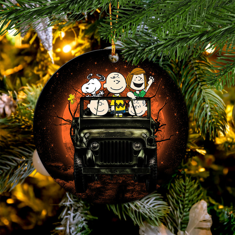 Snoopy And Friends Ride Jeep Halloween Funny Anime Mica Circle Ornament Perfect Gift For Holiday Nearkii