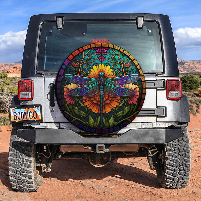 Stained Glass Of Colorful Dragonfly Jeep Car Spare Tire Covers Gift For Campers