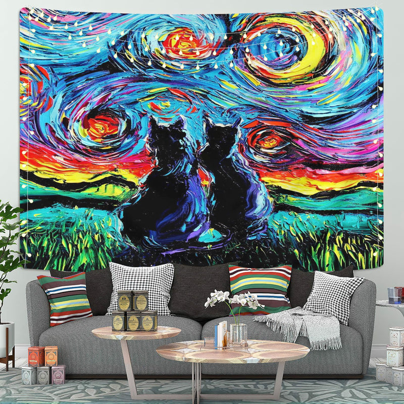 Starry Night Black Cats Tapestry Room Decor Nearkii