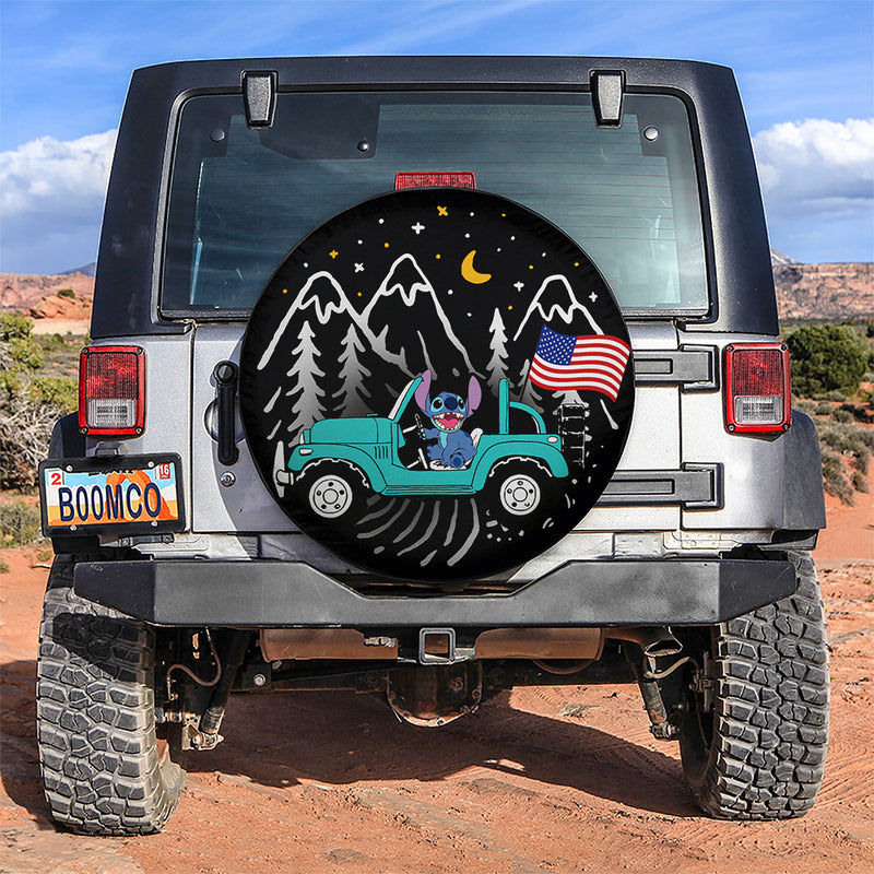 Stitch American Flag Ride Jeep Starry Night Blue Sea Car Spare Tire Covers Gift For Campers Nearkii