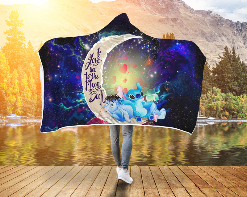 Stitch And Eeyore couple Love You To The Moon Galaxy Economy Hooded Blanket Nearkii