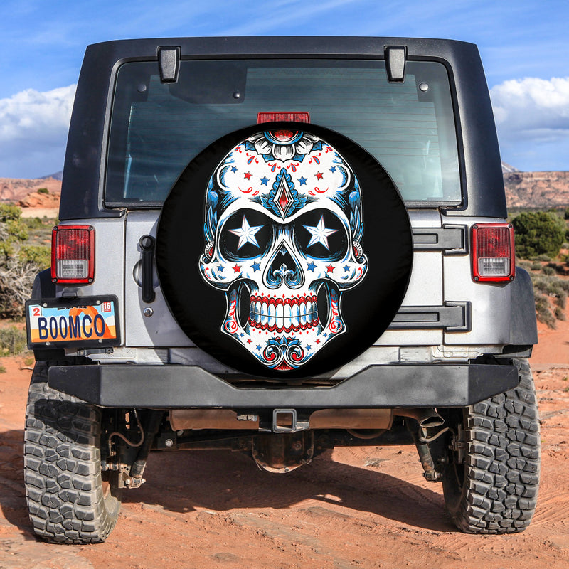 Sugar Skull USA American Flag Spare Tire Cover Gift For Campers Nearkii