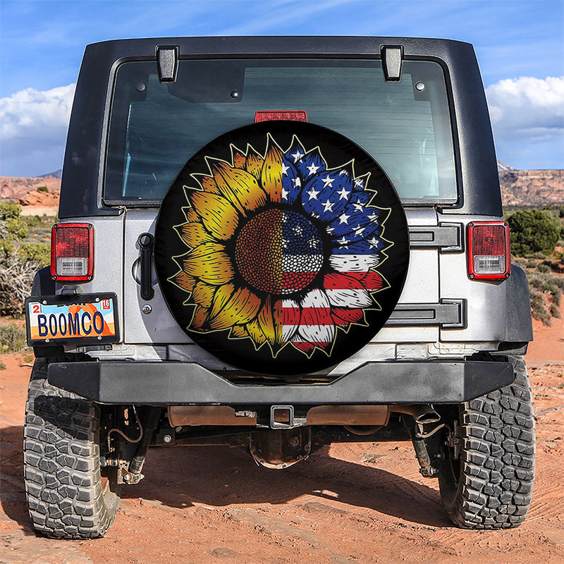 Sunflower American Flag Holiday Car Spare Tire Cover Gift For Campers Nearkii