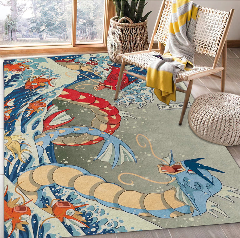 Red Vs Blue Gyarados Pokemon The Great Wave Japan Carpet Rug Home Room Decor