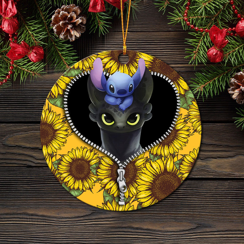 Toothless And Stitch Sunflower Zipper Mica Circle Ornament Perfect Gift For Holiday Nearkii