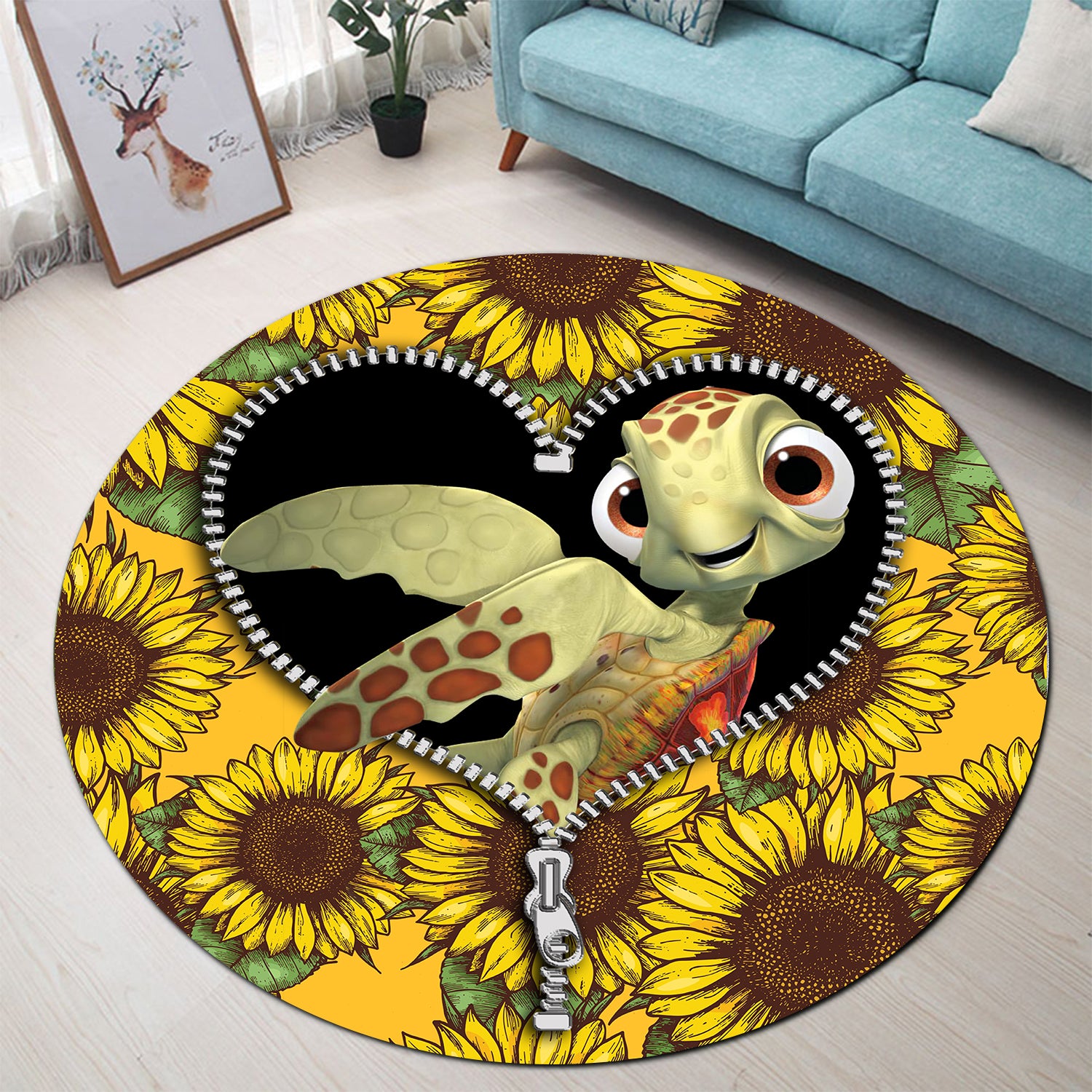 Turtle Sunflower Zipper Round Rug