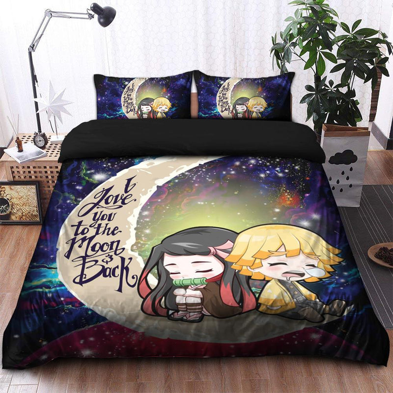 Zenitsu And Nezuko Chibi Demon Slayer Love You To The Moon Galaxy Bedding Set Duvet Cover And 2 Pillowcases Nearkii