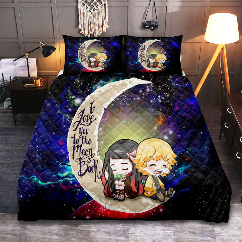 Zenitsu And Nezuko Chibi Demon Slayer Love You To The Moon Galaxy Quilt Bed Sets Nearkii