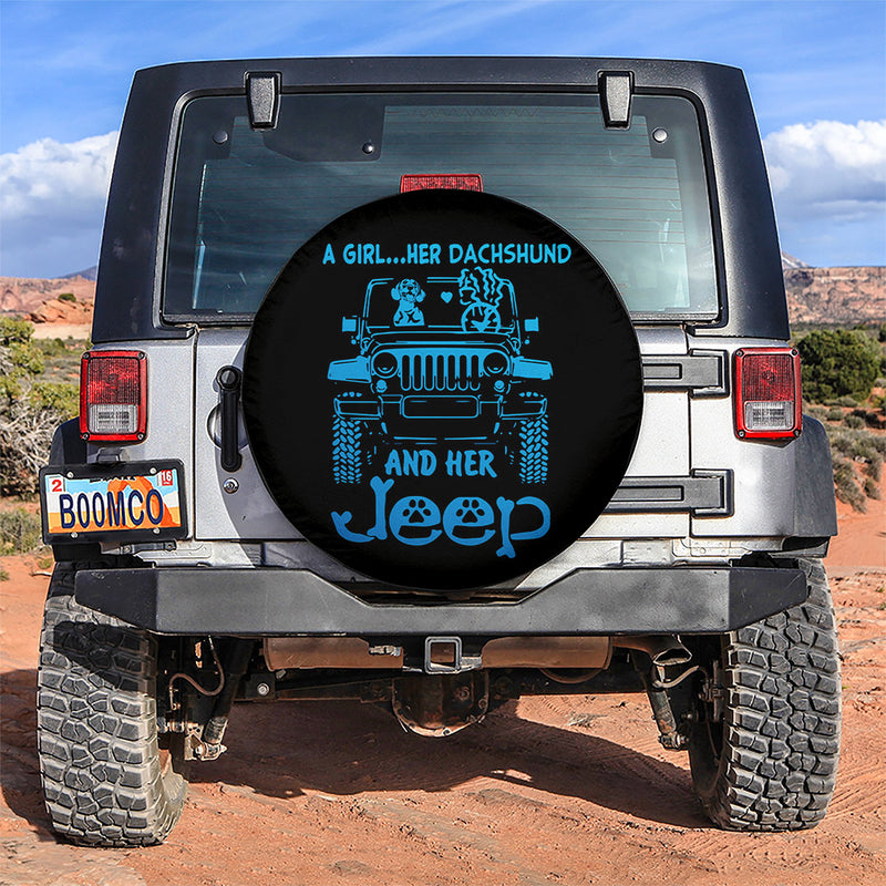 A Girl Her Dachshund And Her Jeep Blue Car Spare Tire Covers Gift For Campers Nearkii
