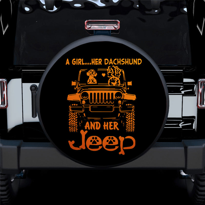 A Girl Her Dachshund And Her Jeep Orange Car Spare Tire Covers Gift For Campers Nearkii