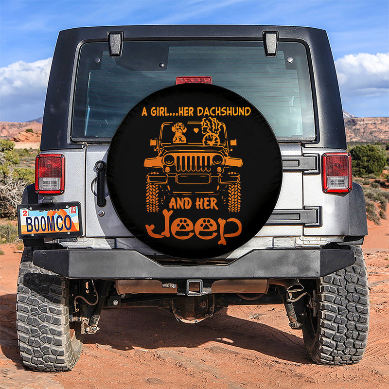 A Girl Her Dachshund And Her Jeep Orange Car Spare Tire Covers Gift For Campers Nearkii