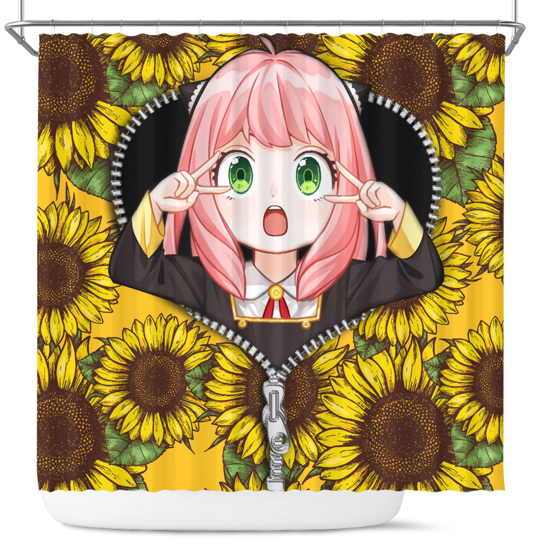 Anya Spy X Family Sunflower Zipper Anime Shower Curtain Nearkii