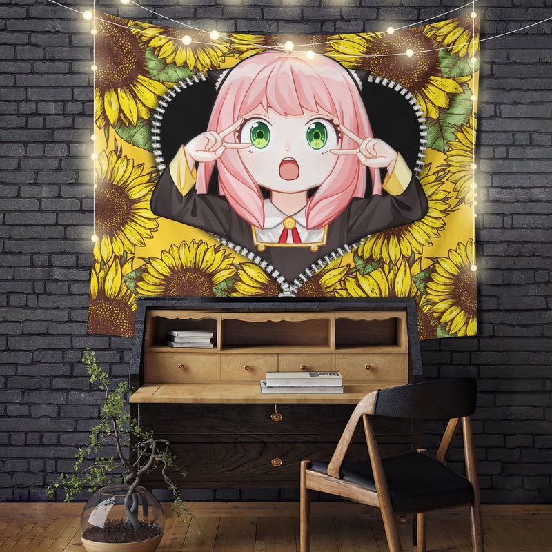 Anya Cute Spy X Family Sunflower Zipper Tapestry Room Decor Nearkii