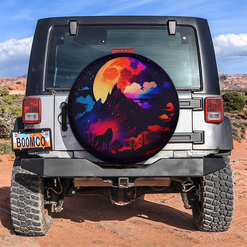 Colorful Big Moon Star Sky Wolf Mountains Jeep Car Spare Tire Covers Gift For Campers