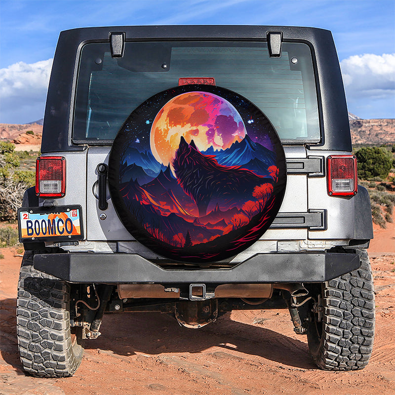 Colorful Big Moon Wolf Mountains Jeep Car Spare Tire Cover