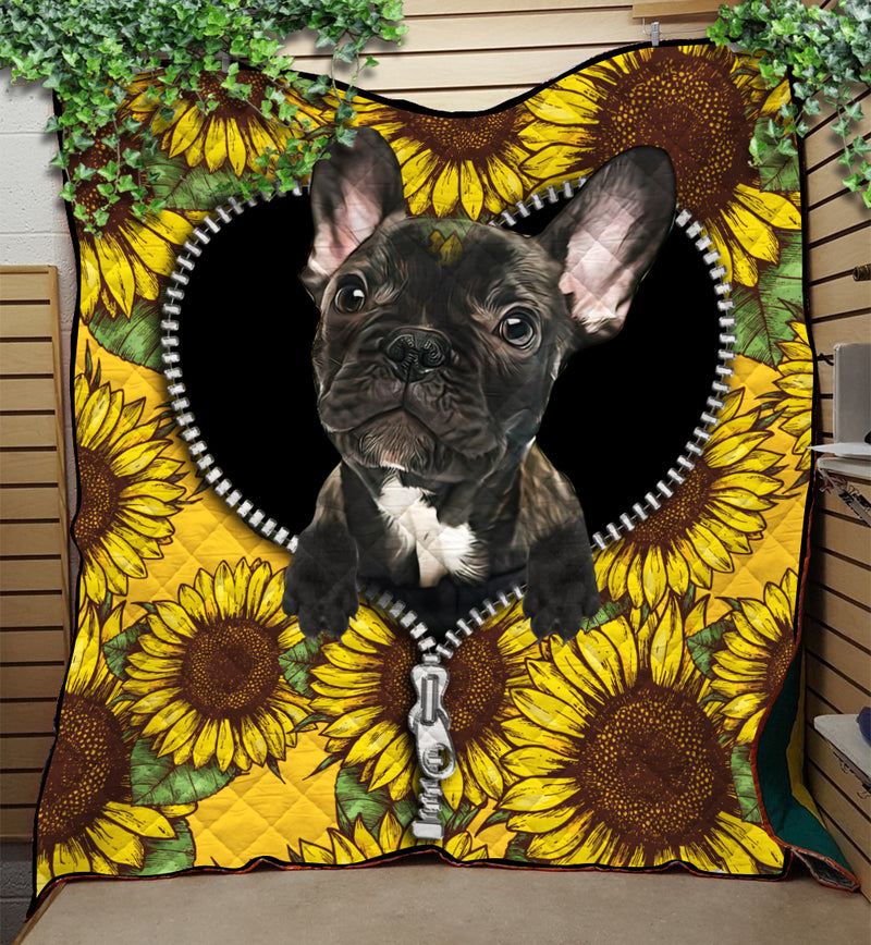 Black French Bulldog Sunflower Zipper Quilt Blanket Nearkii