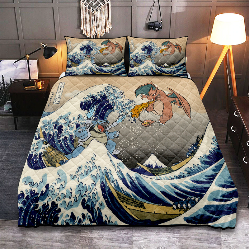 Blastoise Charizard Pokemon The Great Wave Quilt Bed Sets