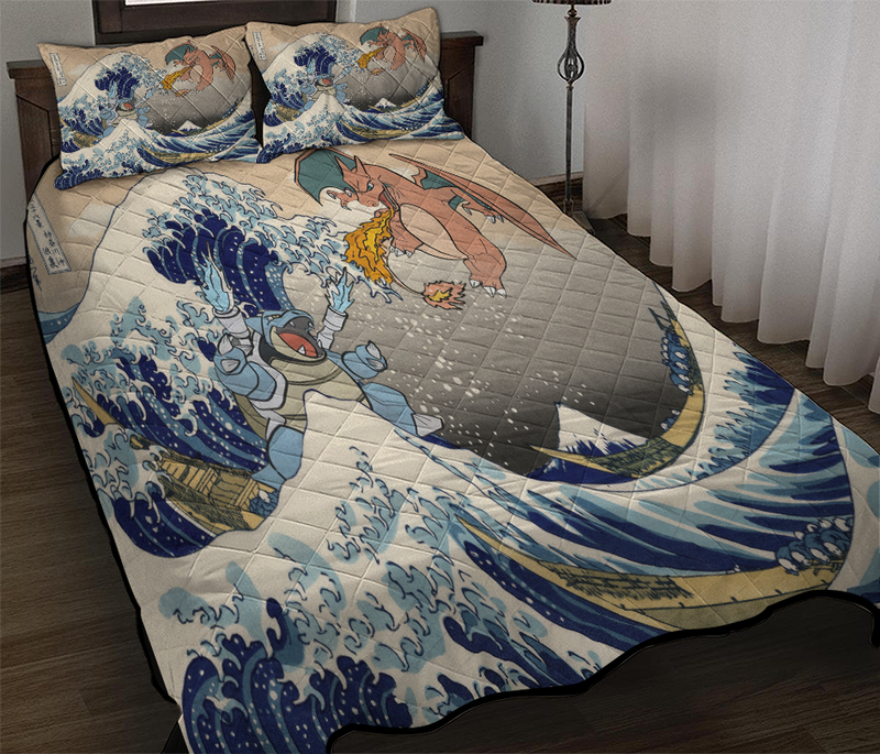 Blastoise Charizard Pokemon The Great Wave Quilt Bed Sets
