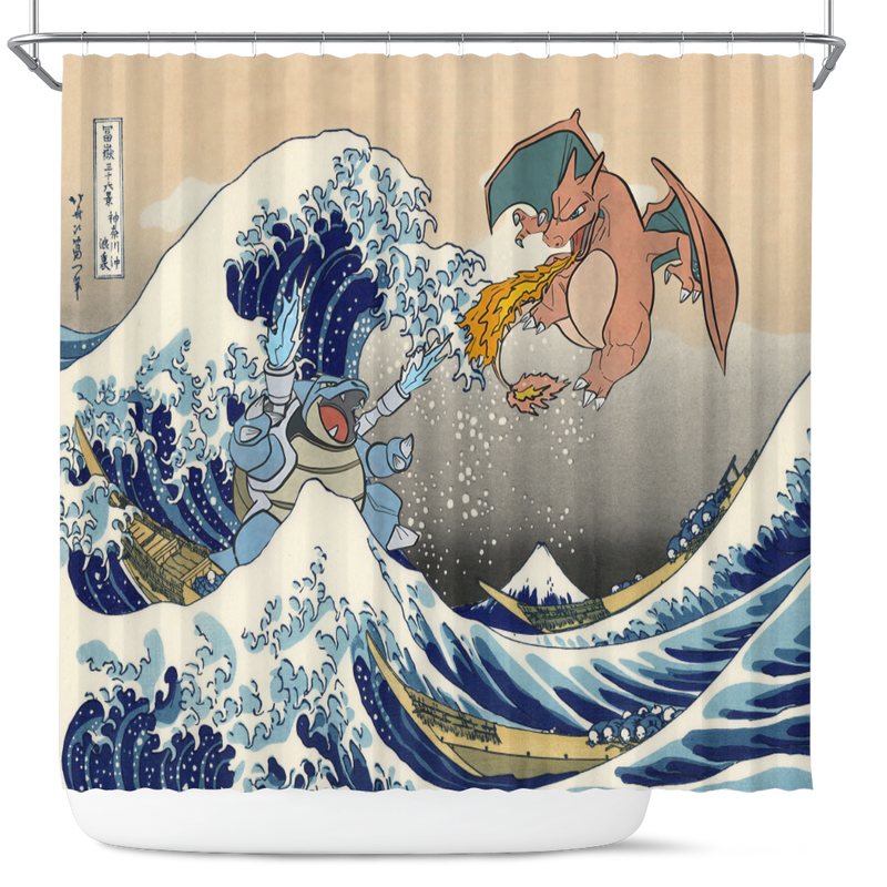 Blastoise Charizard The Great Wave Japan Pokemon Shower Curtain