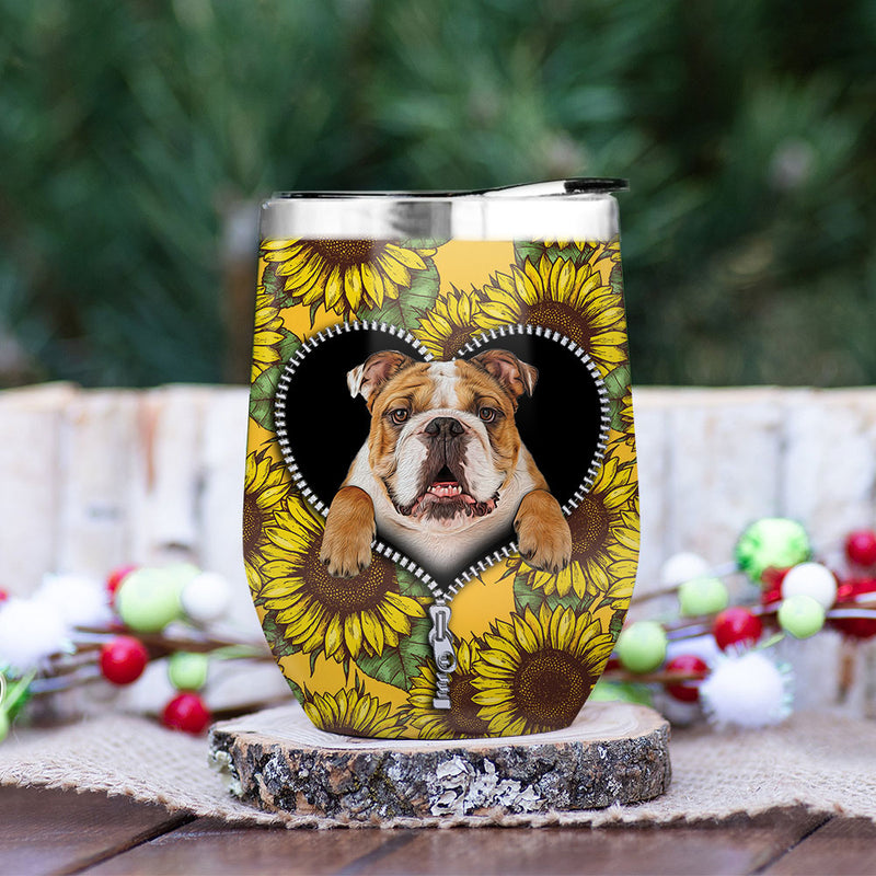 Bulldog Sunflower Zipper Wine Tumbler Nearkii