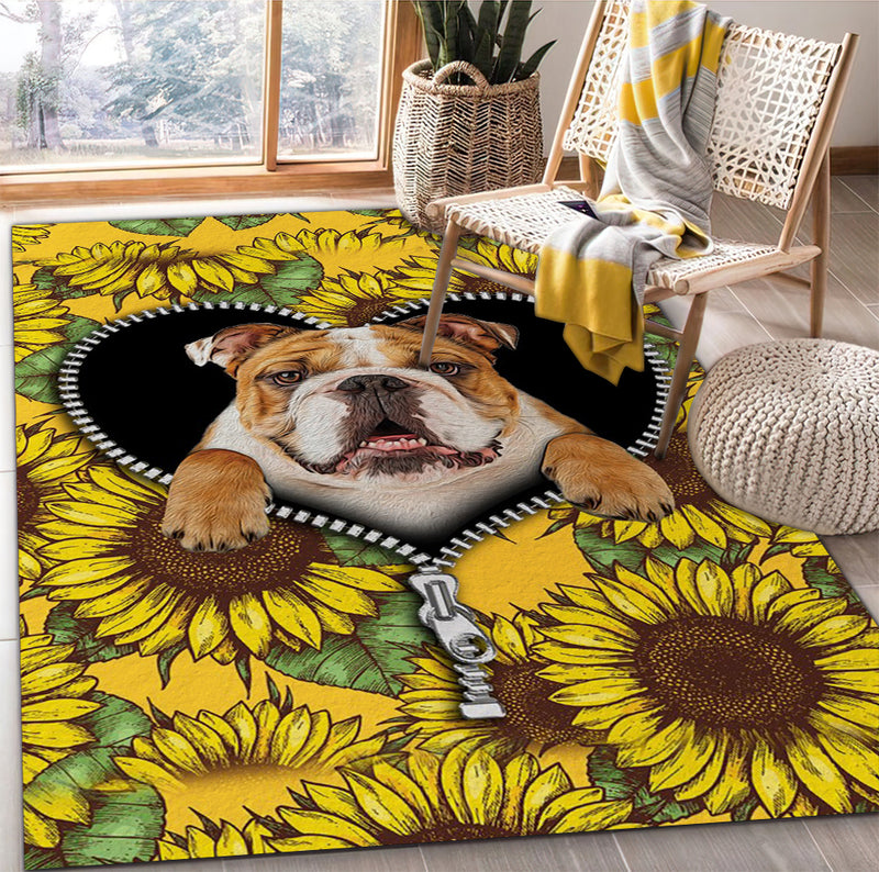 Bulldog Sunflower Zipper Rug Carpet Rug Home Room Decor Nearkii