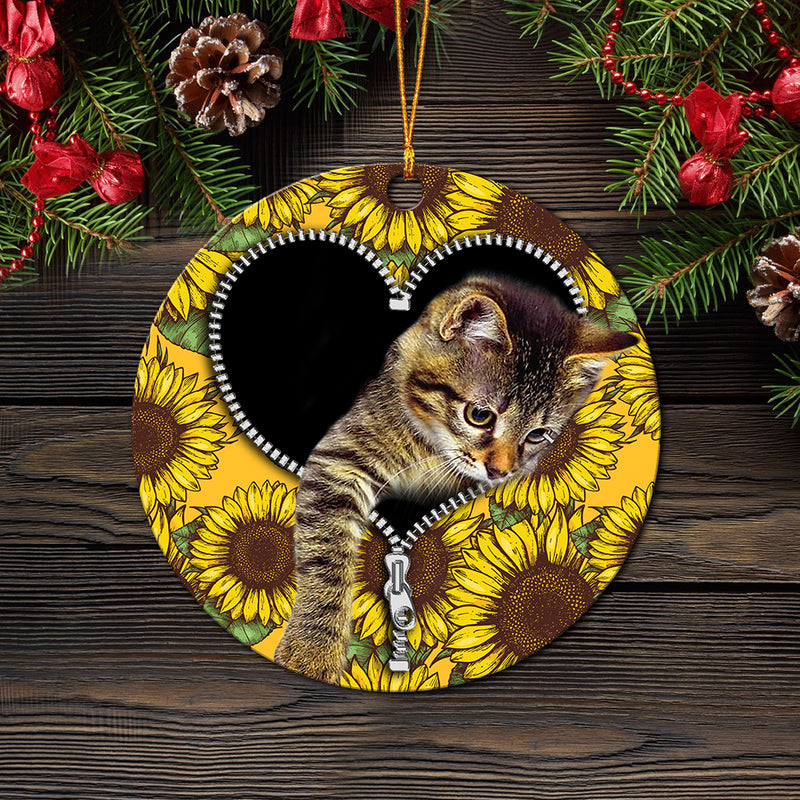 Cute Cat Sunflower Zipper Mica Circle Ornament Perfect Gift For Holiday Nearkii