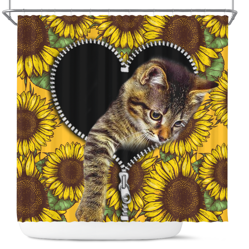 Cute Cat Sunflower Zipper Shower Curtain