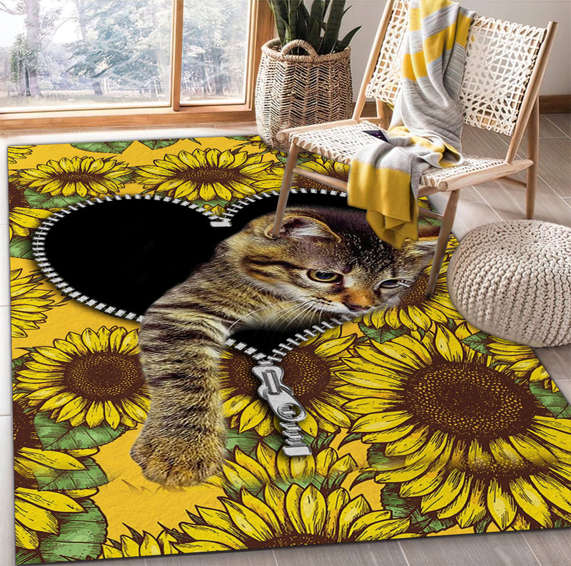 Cute Cat Sunflower Zipper Rug Carpet Rug Home Room Decor Nearkii
