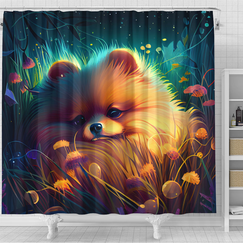 Cute Pomeranian Bedded Down In The Grass Shower Curtain