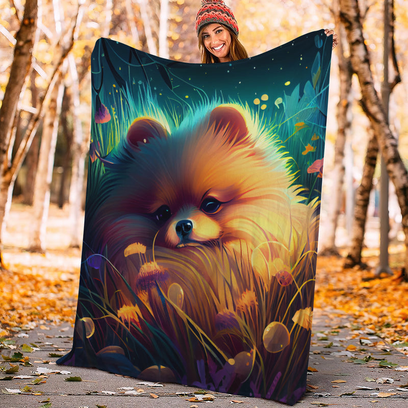 Cute Pomeranian Bedded Down In The Grass Safe And Cozy Fireflies Moonlight Premium Blanket