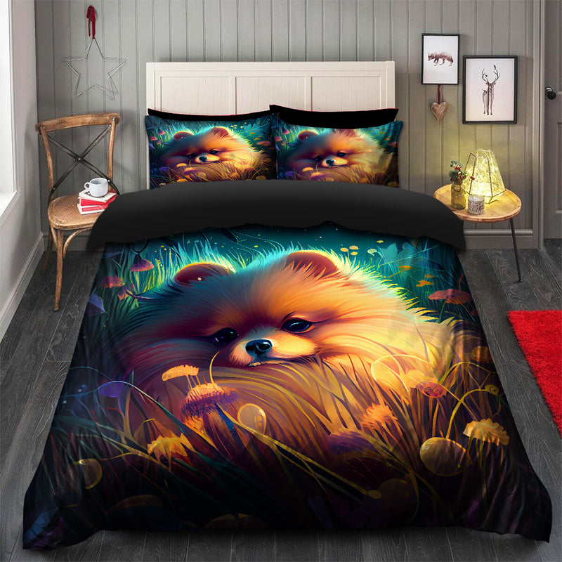 Cute Pomeranian Bedded Down In The Grass Safe And Cozy Fireflies Bedding Set Duvet Cover And 2 Pillowcases