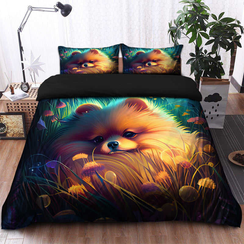 Cute Pomeranian Bedded Down In The Grass Safe And Cozy Fireflies Bedding Set Duvet Cover And 2 Pillowcases