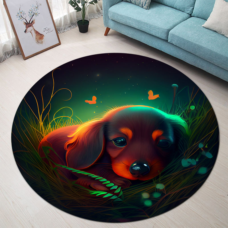 Cute Baby Dachshund Bedded Down In The Grass Round Rug