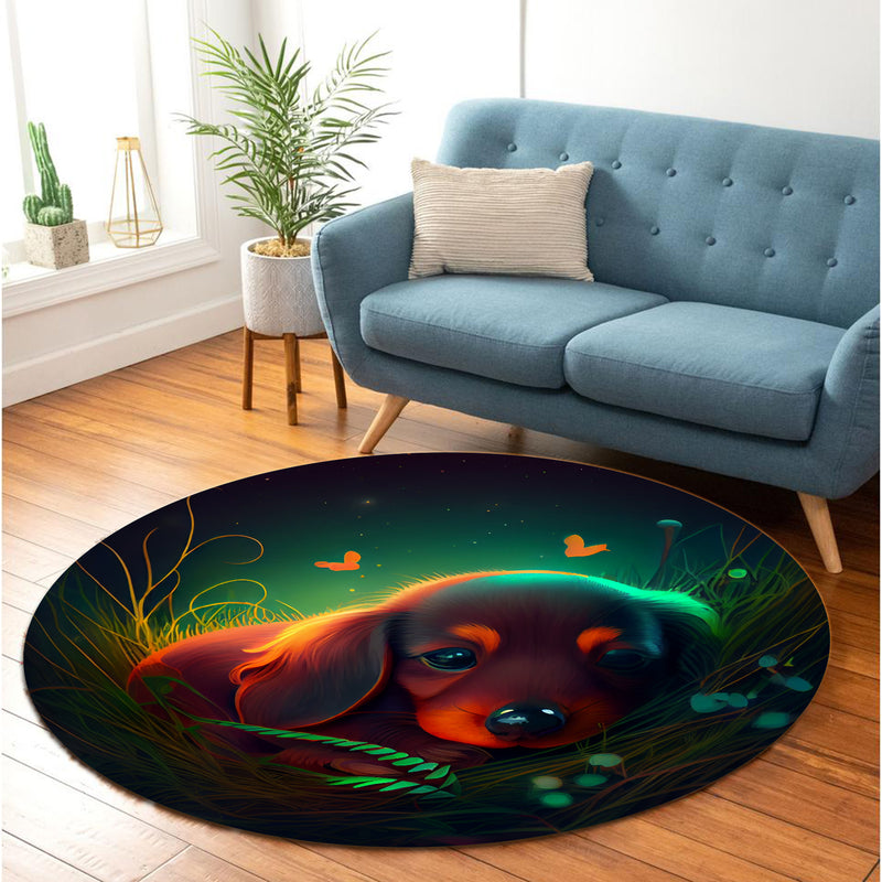 Cute Baby Dachshund Bedded Down In The Grass Round Rug