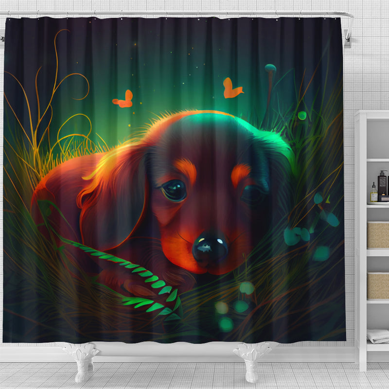 Cute Baby Dachshund Bedded Down In The Grass Shower Curtain