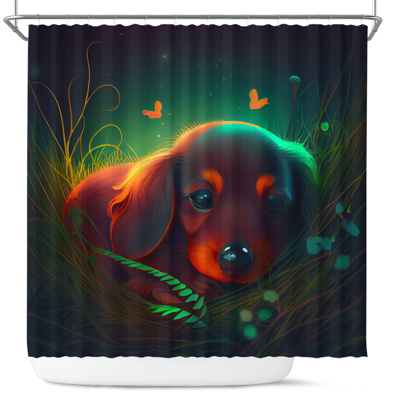Cute Baby Dachshund Bedded Down In The Grass Shower Curtain
