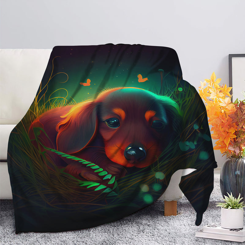 Cute Baby Dachshund Bedded Down In The Grass Safe And Cozy Fireflies Moonlight Premium Blanket