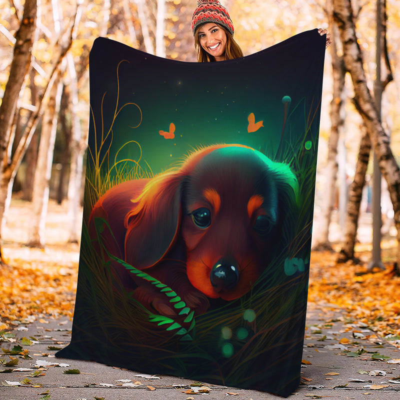 Cute Baby Dachshund Bedded Down In The Grass Safe And Cozy Fireflies Moonlight Premium Blanket